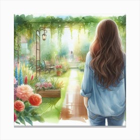 Into the Garden Girl Watercolor Painting Canvas Print