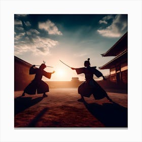 Silhouette Of Samurai Fighting At Sunset Canvas Print