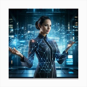 Cybernetic Advocate A Businesswoman Encapsulated In A Futuristic Suit Her Hand Garnished With Hol 2 1 Canvas Print