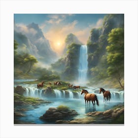 Horses By The Waterfall Canvas Print