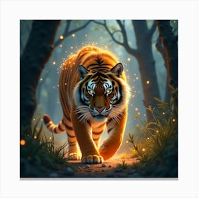 A Majestic Tiger With A Mane Of Sparkling Fireflies Prowling Through An Enchanted Forest Canvas Print