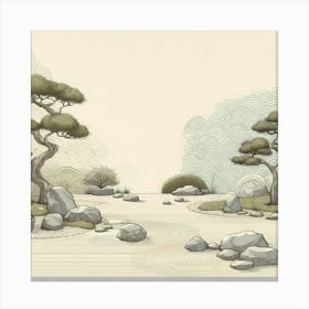 Japanese Zen Garden With Raked Sand, Rocks, And Bonsai Trees, Wallart Painting Canvas Print