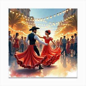 Watercolor Art Of Spanish Dancers Performing Under Festive Lights Canvas Print