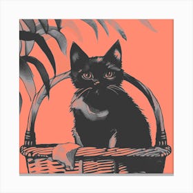Black Kitty Cat In A Basket Peach 1 Canvas Print