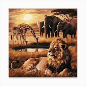 Lions And Giraffes Canvas Print