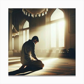 In the Stillness of Dawn, a Solitary Figure Seeks Solace in Prayer, Kneeling Humbly in the Mosque, his Heart Aligned with the Divine, as Rays of Sunlight Bathe the Scene in a Tranquil Glow Canvas Print