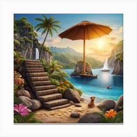 Beach Scene With Stairs And Umbrella Canvas Print
