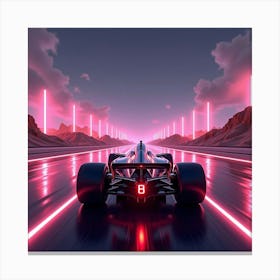 Formula Car In An Intense Race Through A Futuristic Neon Lit Desert Track 1 Canvas Print