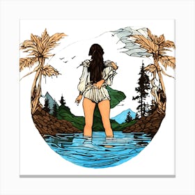 Woman Swimming Among Palm Trees Canvas Print