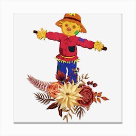 Fall Scarecrow And Flowers Friendly Cute Autumn Thanksgiving Canvas Print