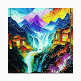 Abstract art stained glass art of a mountain village in watercolor 13 Canvas Print