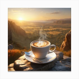 A cup of hot coffee on the rock with mountain Canvas Print