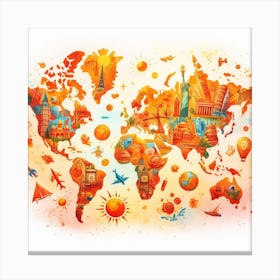 World of Wonders - Watercolor Painting of a World Map with Landmarks and Icons Canvas Print