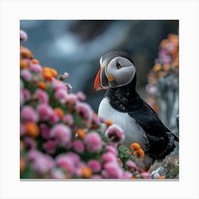 Puffin Bird In Flowers Canvas Print