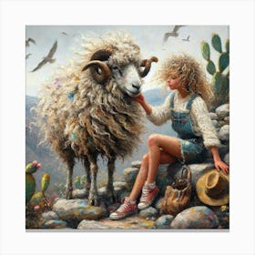 Girl And A Sheep 1 Canvas Print