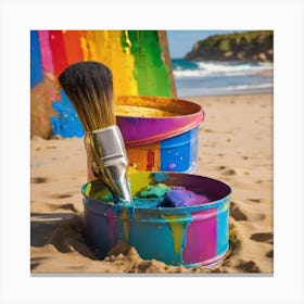 Rainbow themed paint can on beach Canvas Print