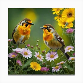 Two Birds On Flowers Canvas Print