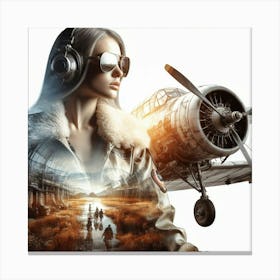 Woman With Headphones In Front Of An Airplane Canvas Print