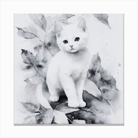 Black and White White Kitten In Autumn Leaves Canvas Print