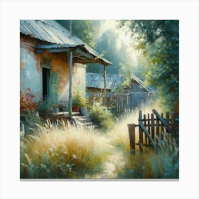 Old Abandoned House In The Countryside, Acrylic Painting Style Canvas Print