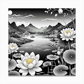 Chinese Landscape With White Lotus Flowers Canvas Print