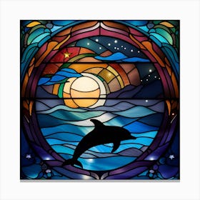 Dolphin silhouette stained glass rainbow colors Canvas Print