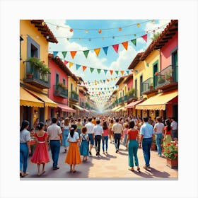 Spanish Fiesta Scene With Lively Crowds And Colorful Decorations In Watercolor Canvas Print