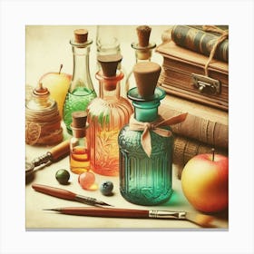 Book Of Spells And Colorful Glass Bottles Canvas Print