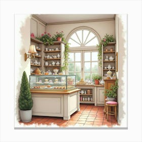 A Charming English Tea Shop With A Display Of Cakes And Pastries, Watercolor 1 Canvas Print