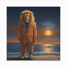 Lion In Beach Suit At Night, Downtown New York, By Vladimir Loz, In The Style Of Surrealistic Elemen Canvas Print