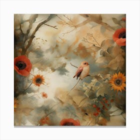 Ethereal Floral Pattern With Birds And Warm Earthy Tones Canvas Print