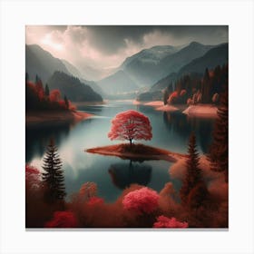 Red Tree In A Lake Canvas Print