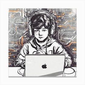 Boy With Headphones On Laptop Canvas Print