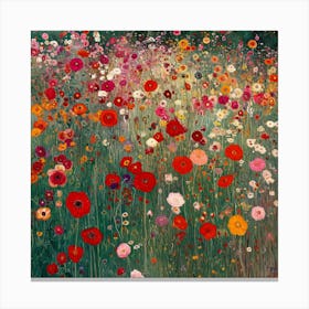 Poppies in the Meadow Landscape. Gustav Klimt Style Canvas Print