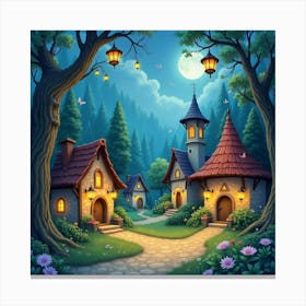 Fairy Village With Glowing Lanterns, Watercolor 1 Canvas Print