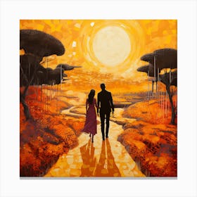Couple Walking In The Sunset Canvas Print