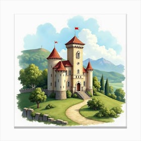 Historic Italian Castle In Watercolor, Surrounded By A Lush Landscape 1 Canvas Print