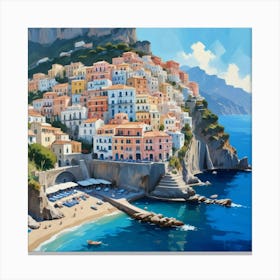 Italy, Amalfi Coast Cute Illustration In Blue Art Print 2 Canvas Print