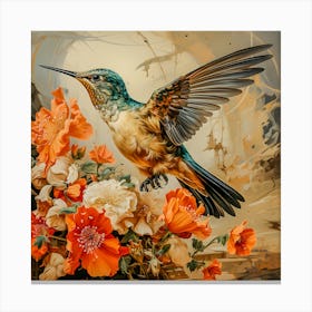 Stunning Hummingbird with Vibrant Orange Flowers – Nature Art Print for Home Décor Canvas Print