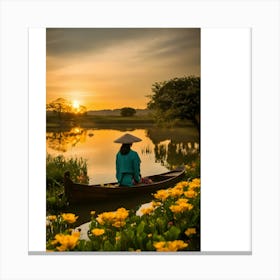 Asian Woman In A Boat At Sunset Canvas Print