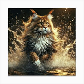 Coon Cat Running In Water 1 Canvas Print