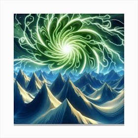 3 Dimensional Mountains With Multiple Green Lightning And White Swirls In A Vortex 4 Canvas Print