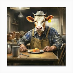 Cow At A Table Canvas Print