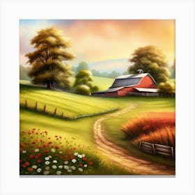 Farm Landscape With Red Barn Canvas Print