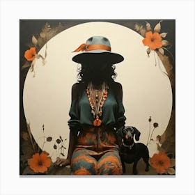 Boho Art Silhouette of a stylish woman with a dachshund dog Canvas Print