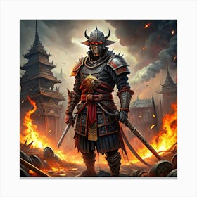 Samurai Warrior In Burning City Canvas Print