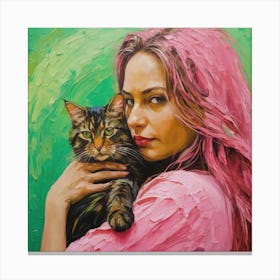 Girl With Pink Hair And A Cat Canvas Print