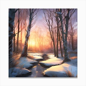 Winter Sunset across the Icy Woodland Stream 1 Canvas Print