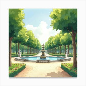 Parisian Park In Watercolor With Lush Trees, A Fountain, And Graceful Statues 1 Canvas Print