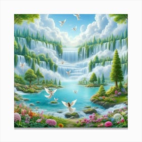 Doves Flying Over Waterfall 1 Canvas Print